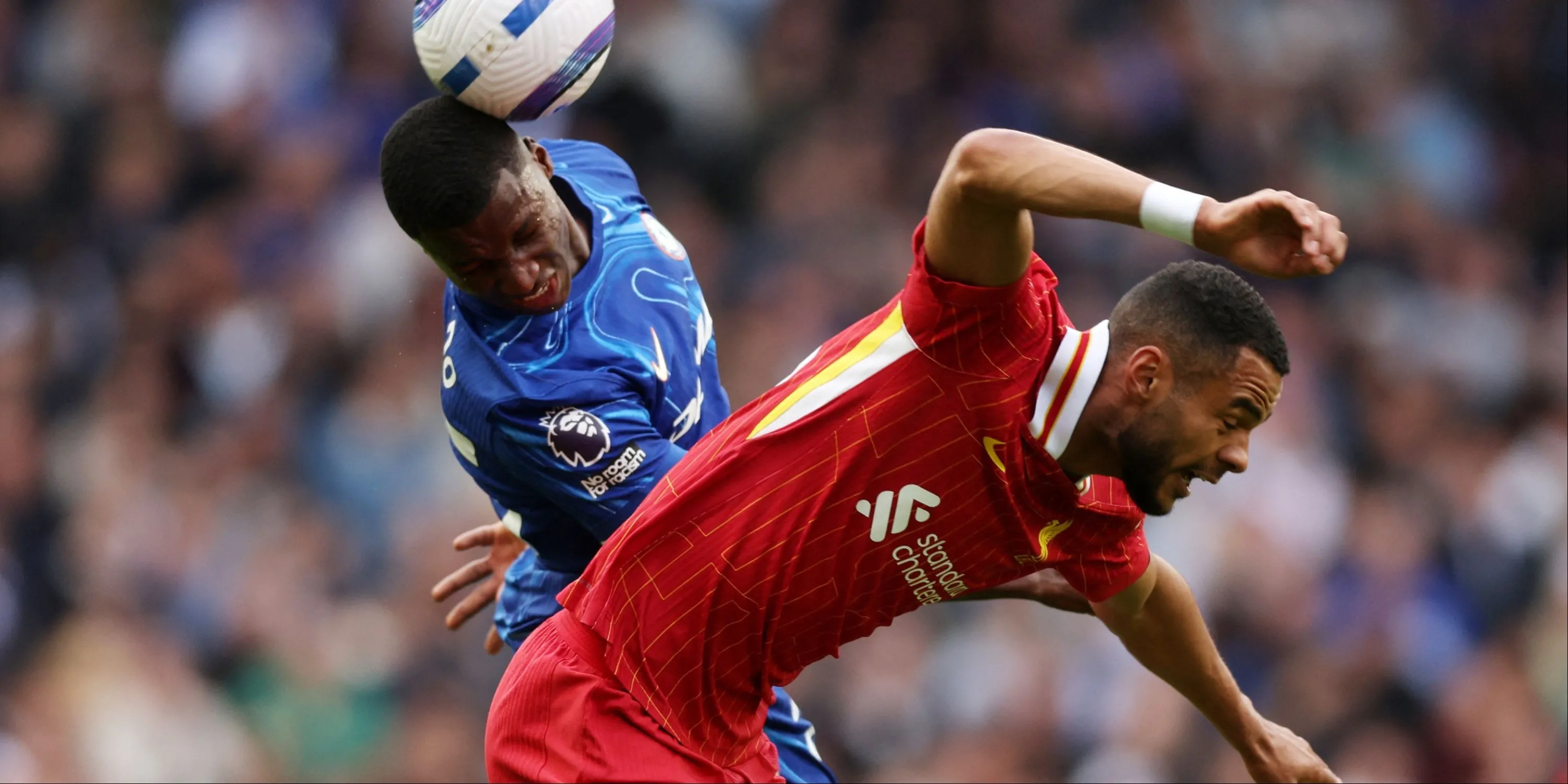 Moises Caicedo tranh chấp quyết liệt với Cody Gakpo trong trận Chelsea thắng Liverpool